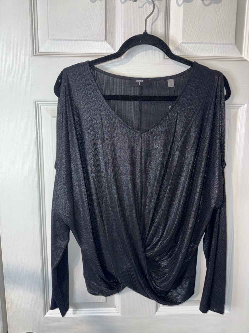 Tahari T Women’s Long Sleeve Cold Shoulder Shimmer Fabric Grey Shift Holographic